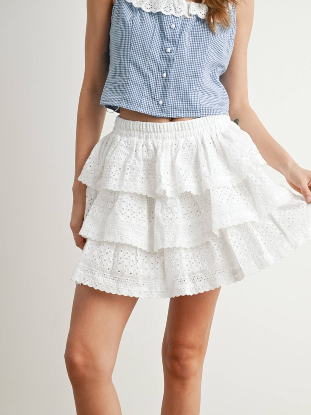 White Tiered Eyelet Ruffle Skirt